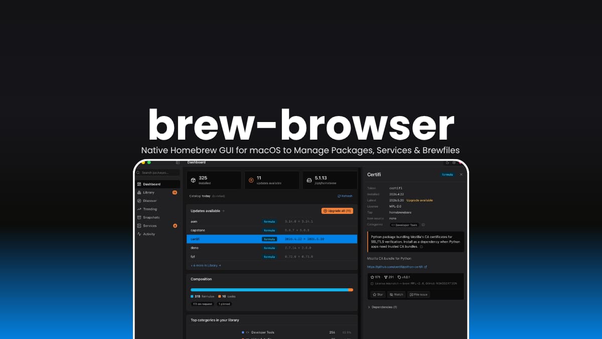brew-browser Native Homebrew GUI for macOS to Manage Packages, Services & Brewfiles